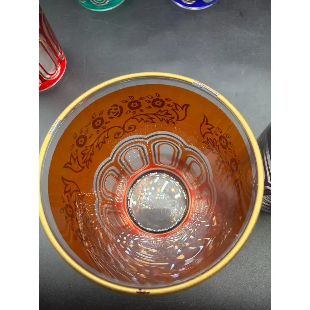 Vintage Moroccan Tea Glasses Set of 6 Jewel Tone Gold Filigree
